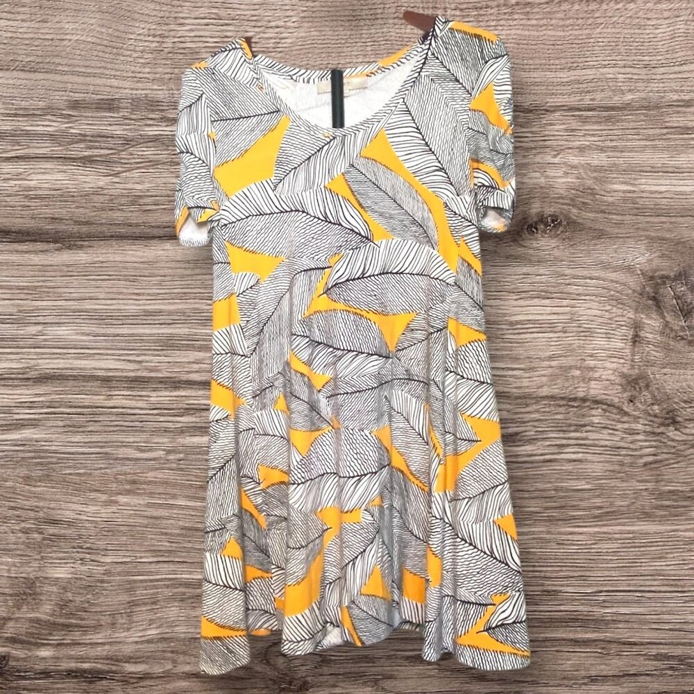 LOFT‎ Womens Swing Short Sleeve Yellow & Black Leaf Print Dress Comfort Vacation